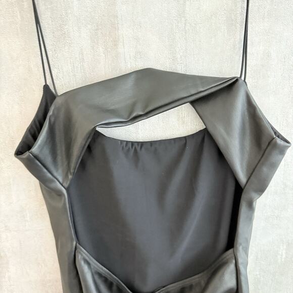 ALIX NYC Black Faux Leather Bodysuit Size M Open Back Cutout Spaghetti Straps - Picture 7 of 16